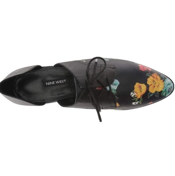 New Nine West Leather Floral Flat Oxfords Black - Picture 2 of 7
